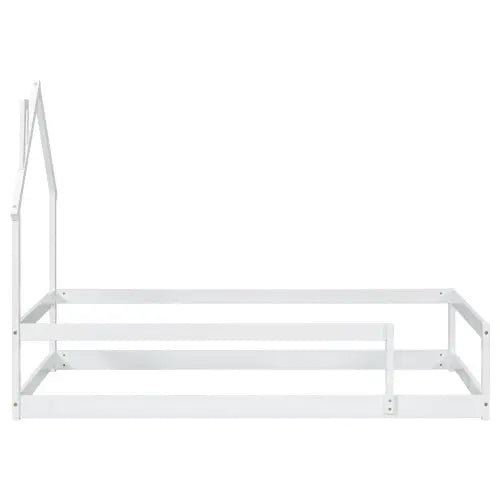 Twin Size Wood Bed With House-shaped Headboard Floor Bed With Fences,White My Store