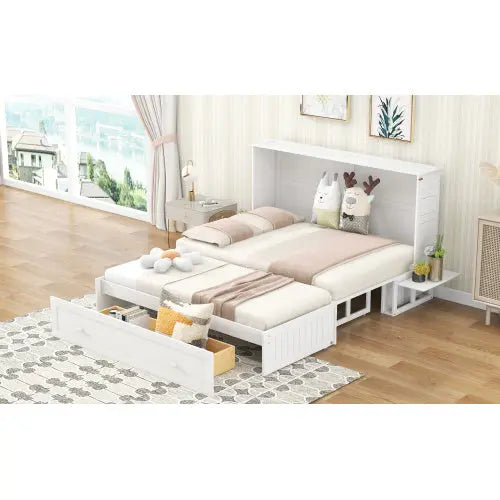 Queen Size Mobile Murphy Bed With Drawer And Little Shelves On Each Side,White My Store