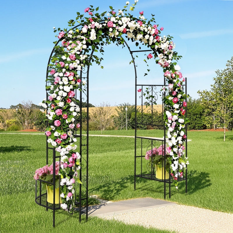 7ft Double-layer Curved Roof With Screen, Planting Frame, Black Wrought Iron Arch Inkedjoy