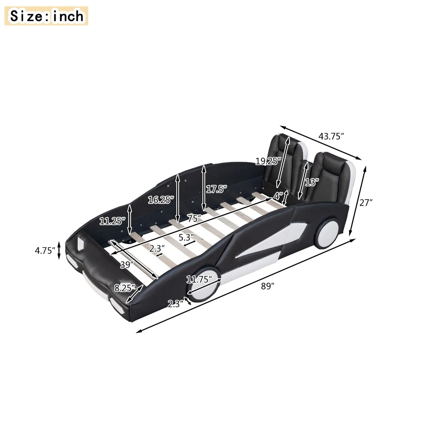 Twin Size Race Car-Shaped Platform Bed With Wheels, Black My Store