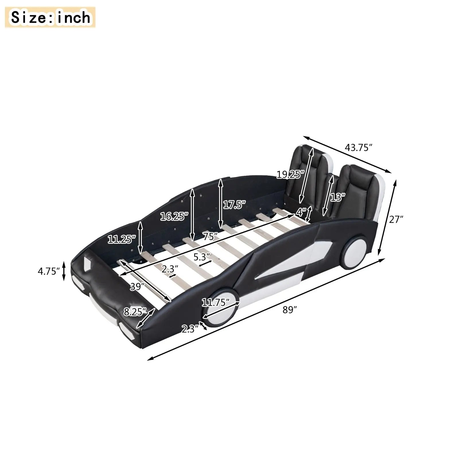 Twin Size Race Car-Shaped Platform Bed With Wheels, Black My Store