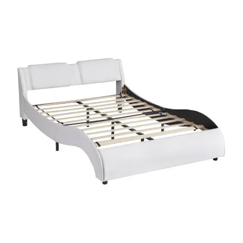 Queen Size Upholstered Faux Leather Platform Bed With LED Light Bed Frame With Slatted - White My Store