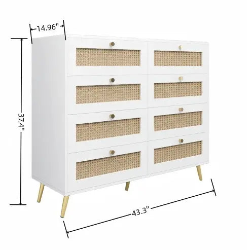 White Color 8 Drawers Chest With Rattan Drawer Face Golden Legs And Handles My Store