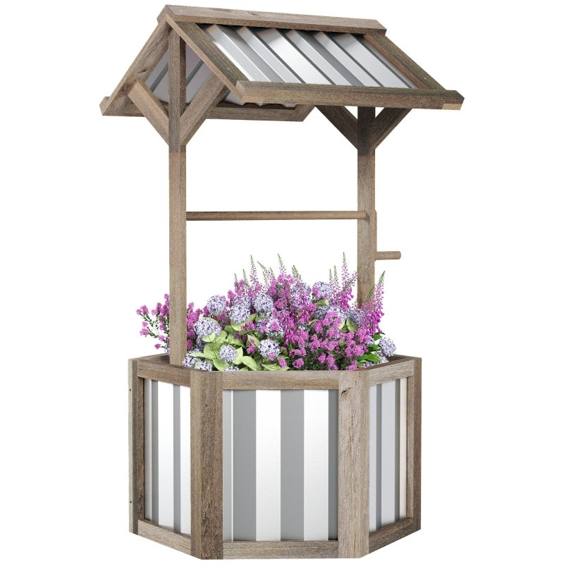 Wooden Wishing Well Planter, Raised Garden Bed With Galvanized Canopy, Hexagon- Light Gray Inkedjoy