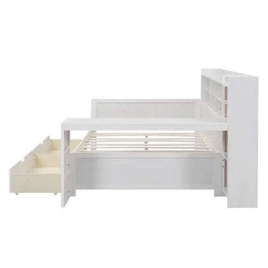 Wooden Full-size Sofa Bed With Storage Rack, Multifunctional Bed With Two Storage Drawers And Desk, Antique White My Store
