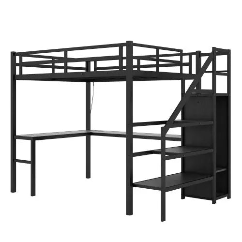 Twin XL Size Loft Bed With L-shaped Desk And USB, Metal -Black My Store