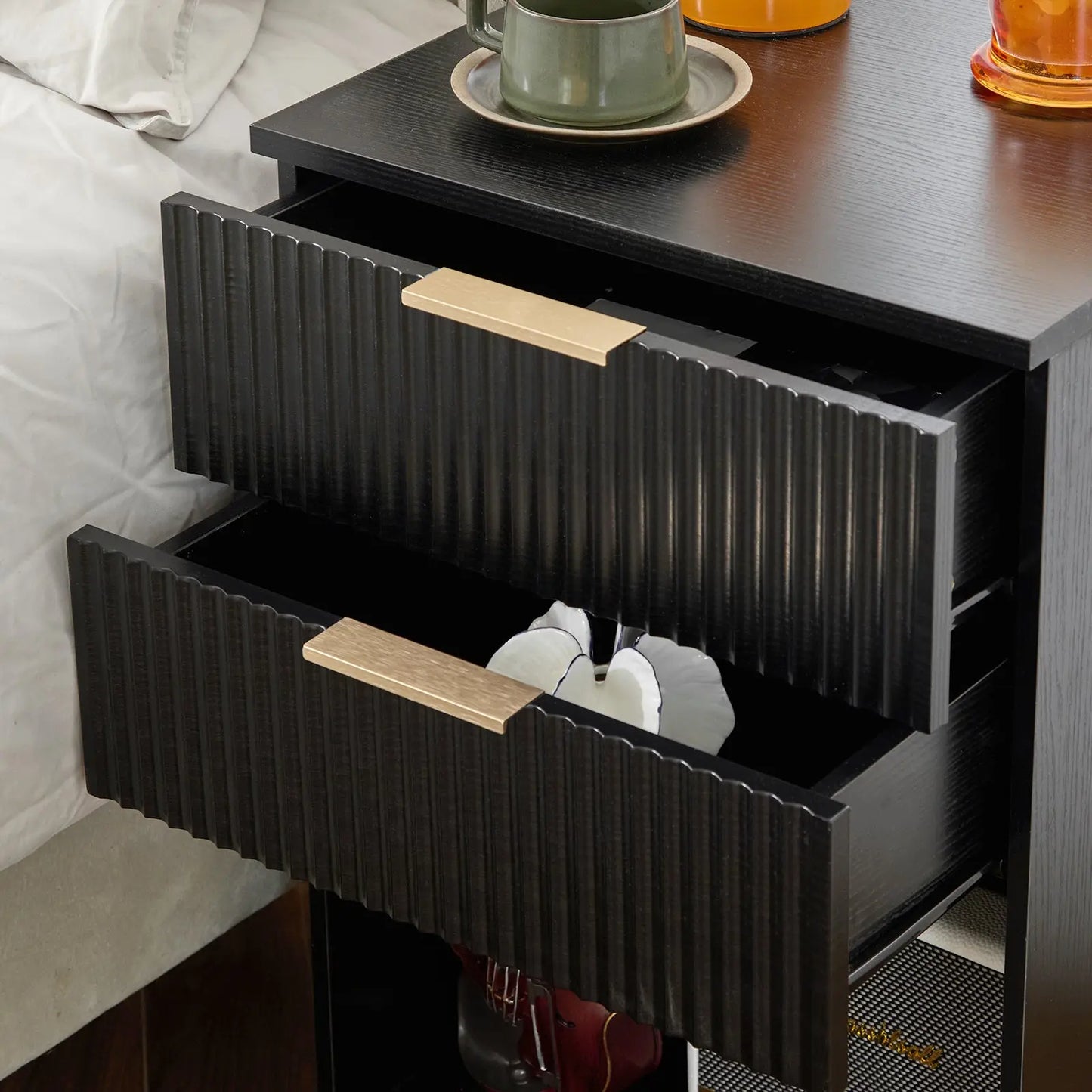 Black P2 Density Board, Wave Pattern Drawer Surface, 2 Drawer Bedside Cabinet 1pc My Store