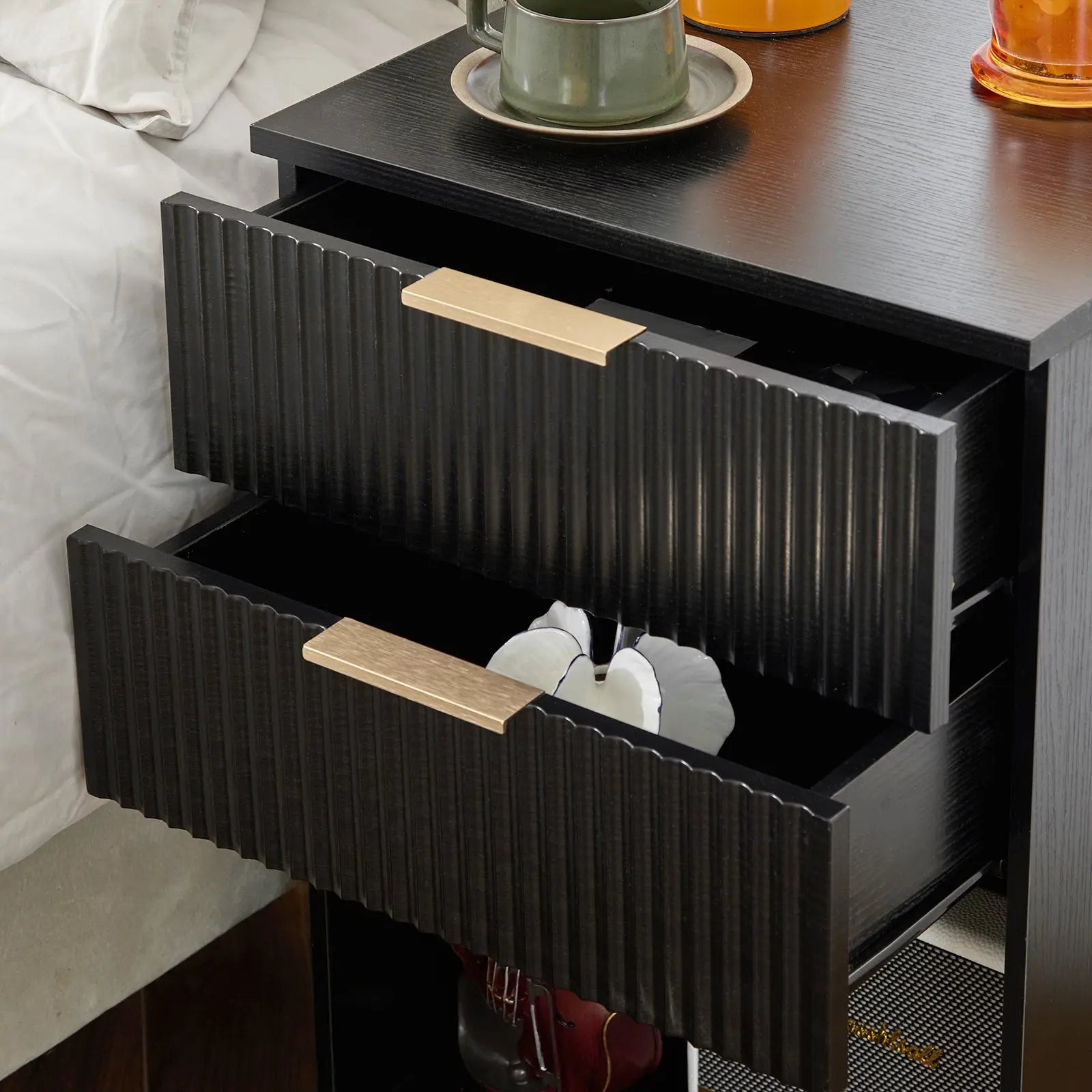 Black P2 Density Board, Wave Pattern Drawer Surface, 2 Drawer Bedside Cabinet 1pc My Store
