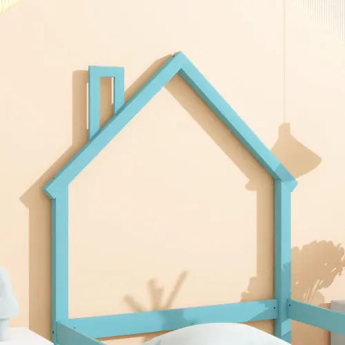 Twin Size Wood Bed With House-shaped Headboard Floor Bed With Fences,Light Blue My Store