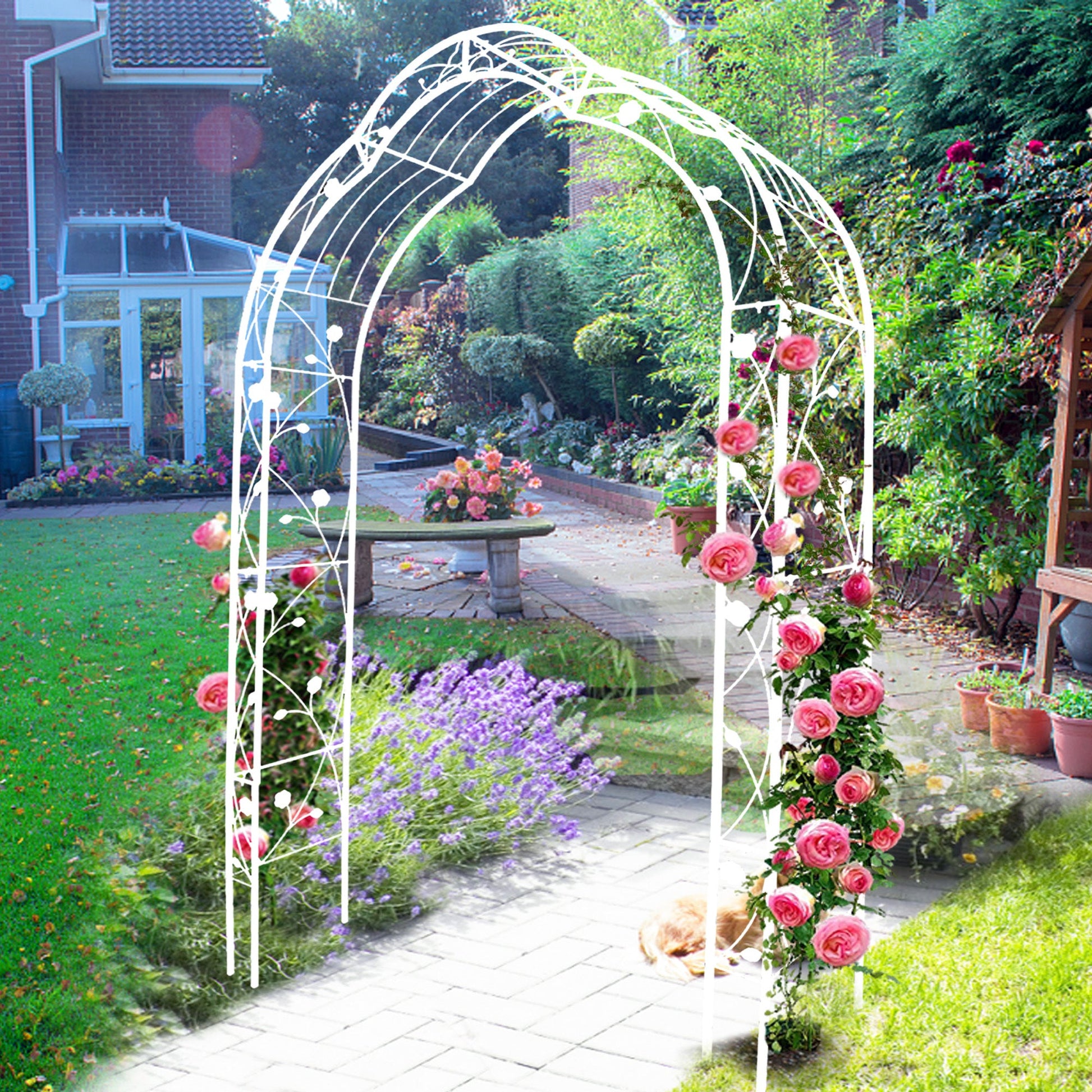 Metal Garden Arch, Climbing Plant Support Rose Arch- Cream White Inkedjoy