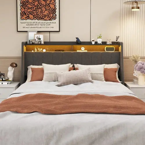 Full Size Bed Frame With LED, 4 Under-bed Portable Storage Drawers, Wings Headboard Design My Store