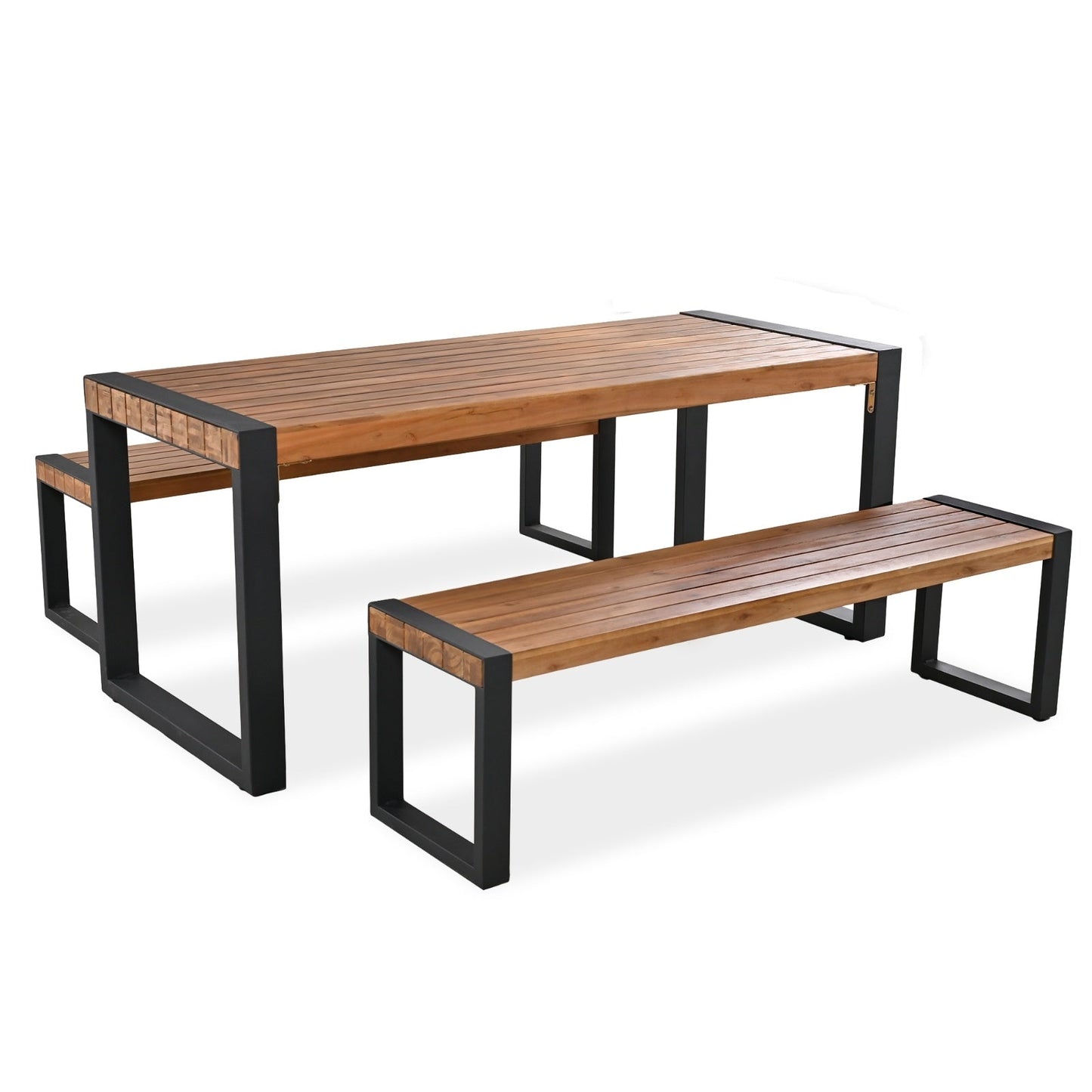 3-pieces Outdoor Dining Table With 2 Benches, Patio Dining Set With Unique Top Texture, Acacia Inkedjoy