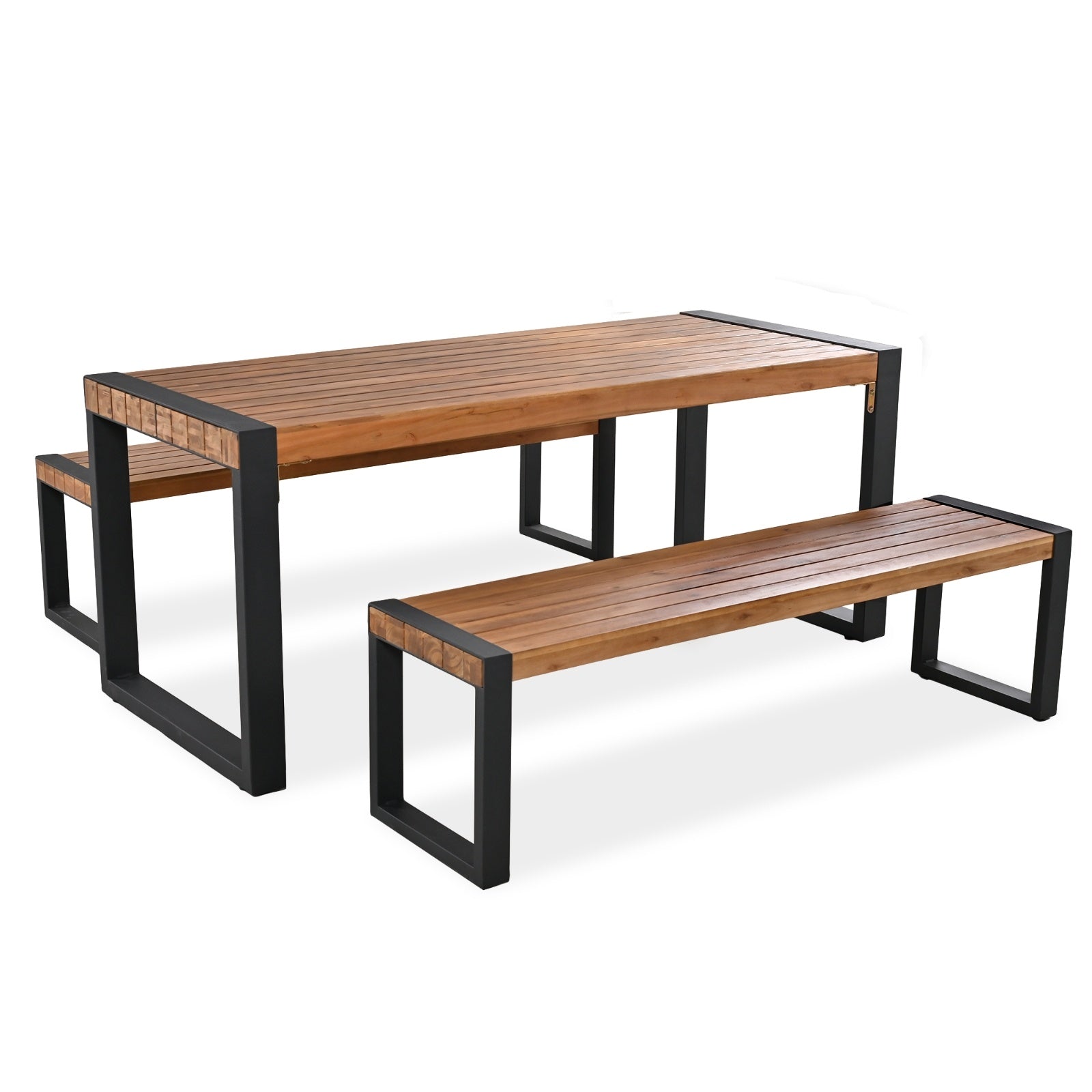 3-pieces Outdoor Dining Table With 2 Benches, Patio Dining Set With Unique Top Texture, Acacia Inkedjoy