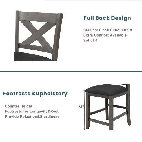 5 Pieces Counter Height Rustic Farmhouse Dining Room Wooden Bar Table Set With 2 Stools And 2 Chairs, Gray Inkedjoy