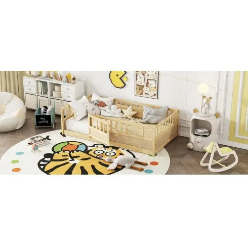 Twin Size Floor Bed, Integral Construction With Super High Security Barrier, Door, Children's Floor Bed Frame, Montessori Wooden Children's Floor Bed, Support Slat White My Store