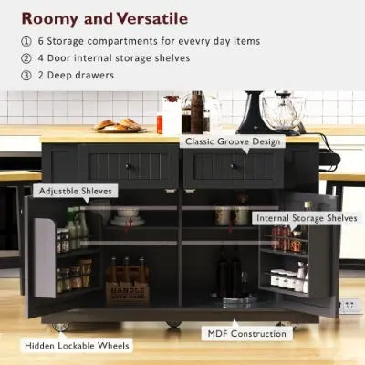 Large Kitchen Island With 2 Bar Stools, Power Outlet, Door Internal Storage Rack My Store