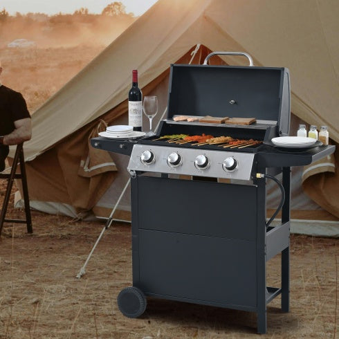 Propane Gas Grill 4 Burner Barbecue Grill With Two Shelves, Lid, Wheels And Bottle Opener Inkedjoy