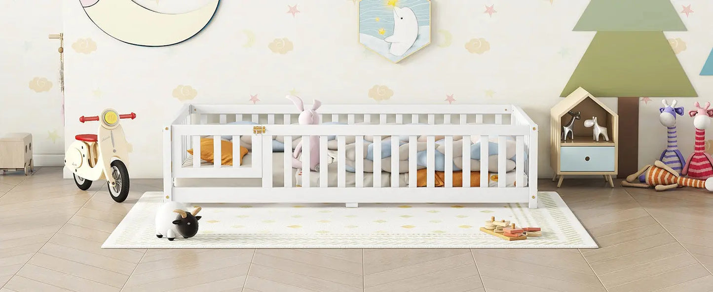 Twin Size Bed Floor Bed With Safety Guardrails And Door For Kids, White My Store