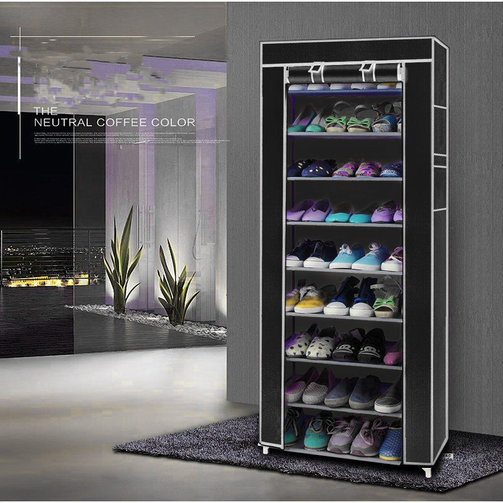10-layer 9-panel Non-woven Shoe Cabinet Black Inkedjoy