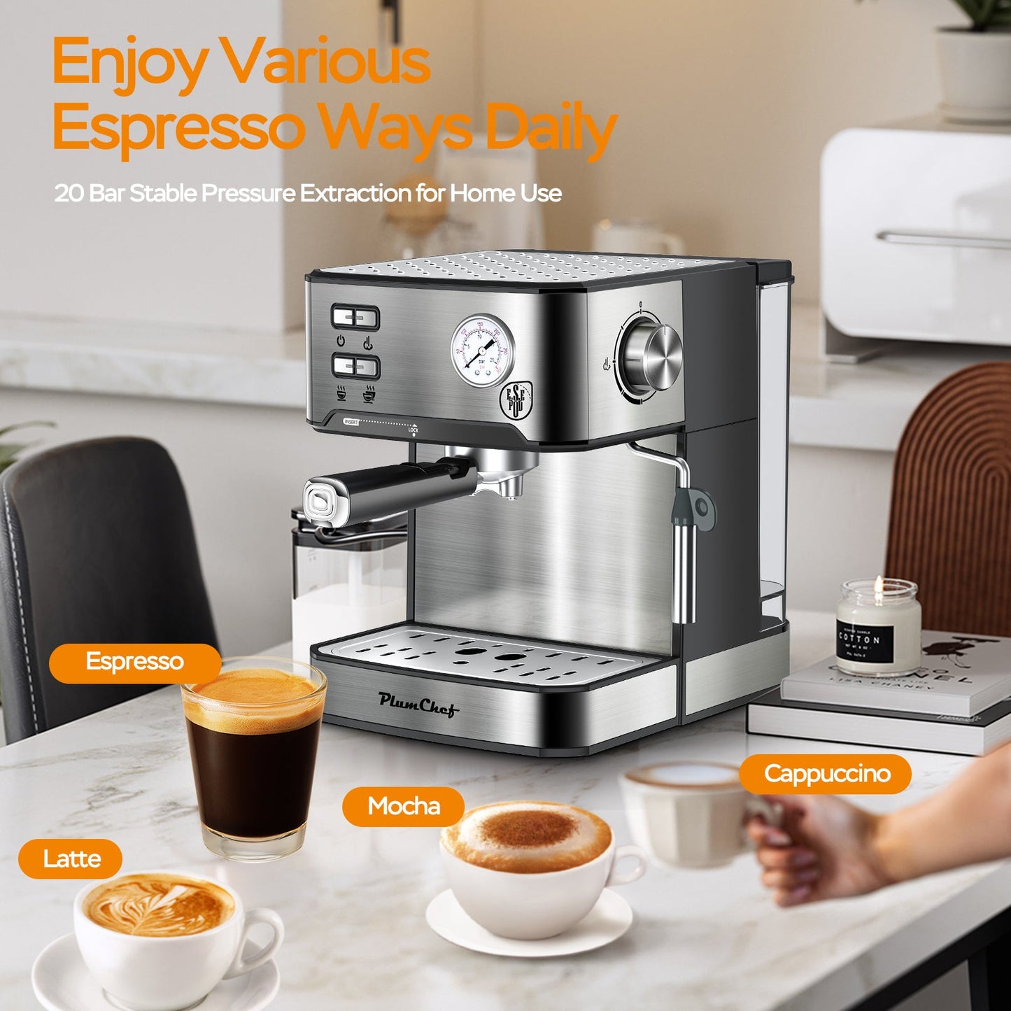 20 Bar Professional Espresso Machine With Milk Frother, Single Double Shot My Store