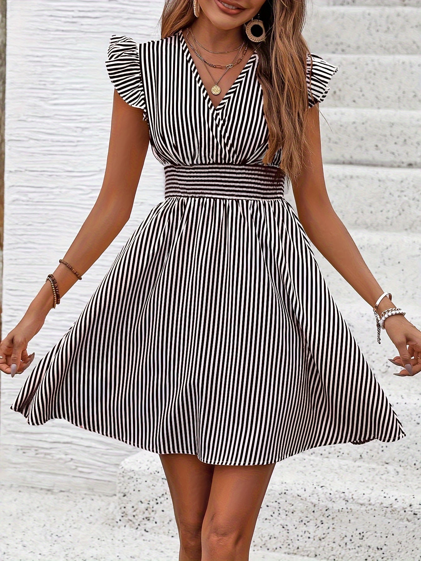 Women's Mini Dress V Neck Flutter Sleeve Striped Smocked Waist A Line Short Summer Dress Inkedjoy