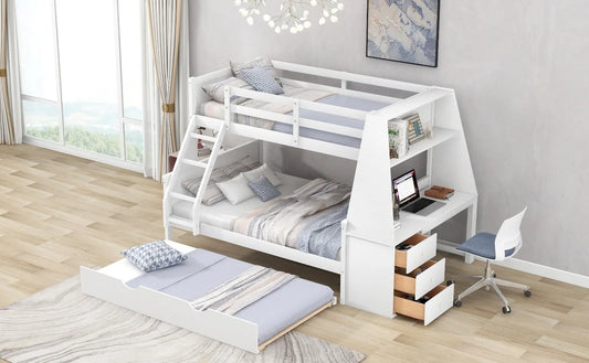 Twin Full Bunk Bed W  Trundle, Desk, 3 Drawers   Shelf - White My Store
