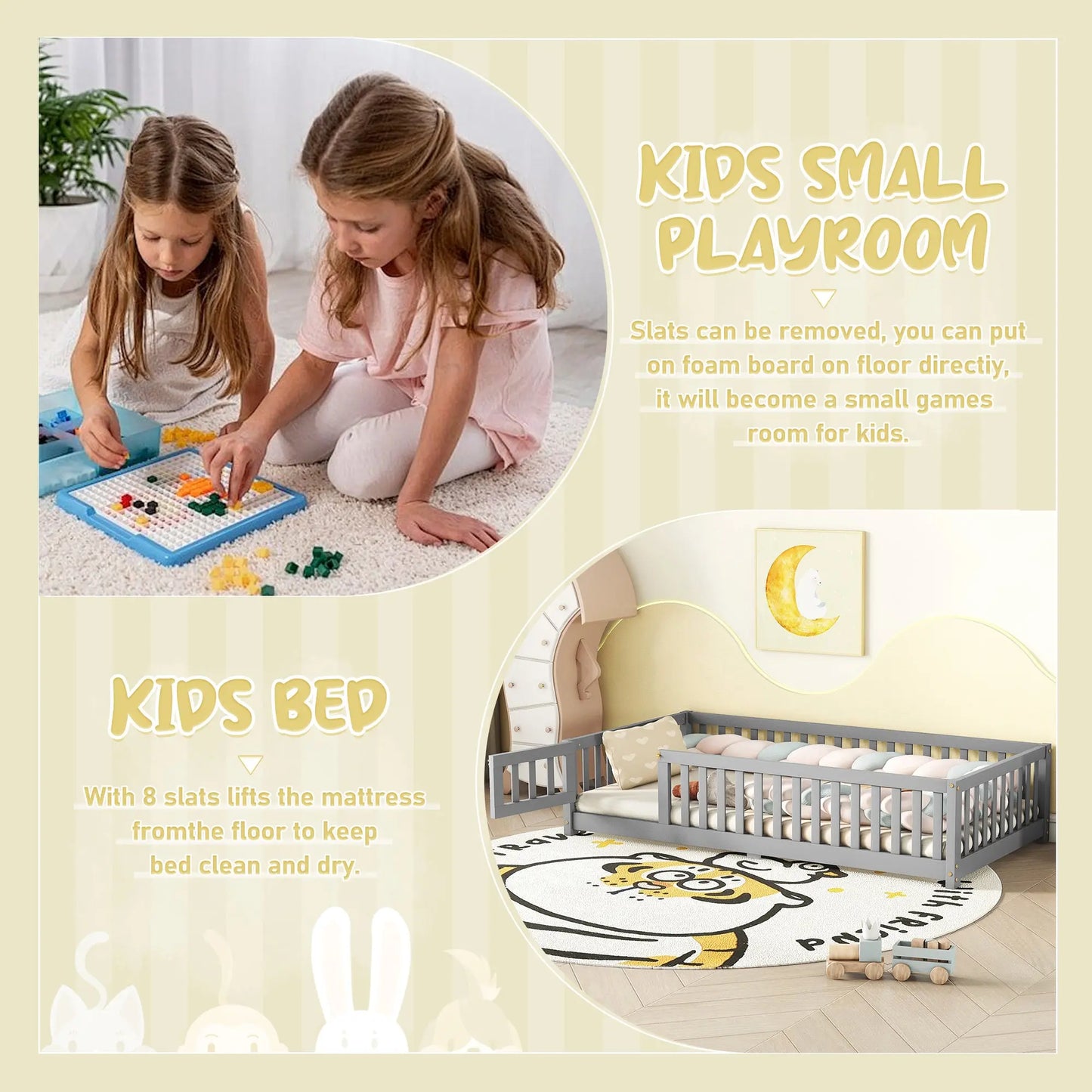 Twin Size Bed Floor Bed With Safety Guardrails And Door For Kids, Gray My Store
