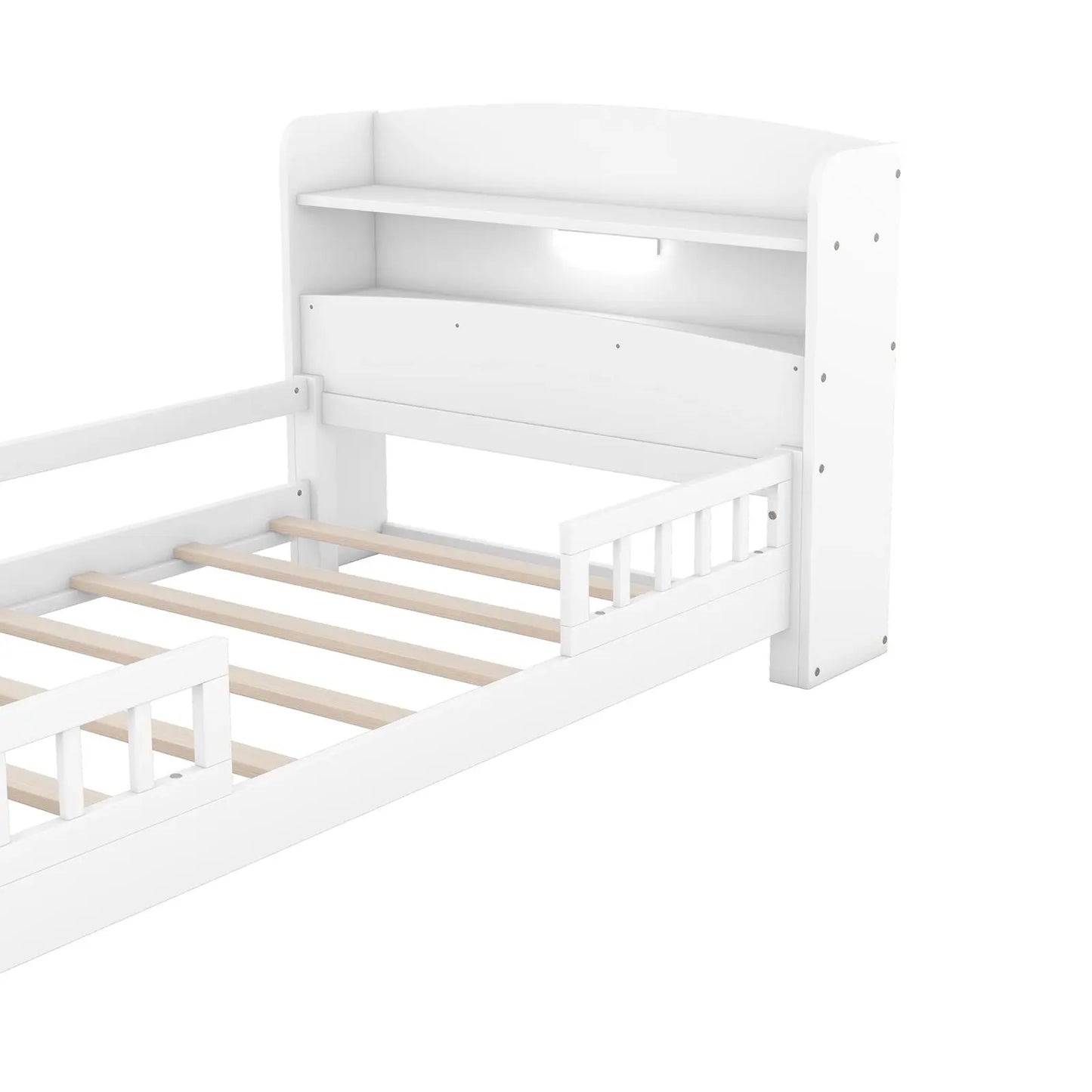 Twin Size Wood Platform Bed With LED, Storage Headboard & Guardrail, White My Store