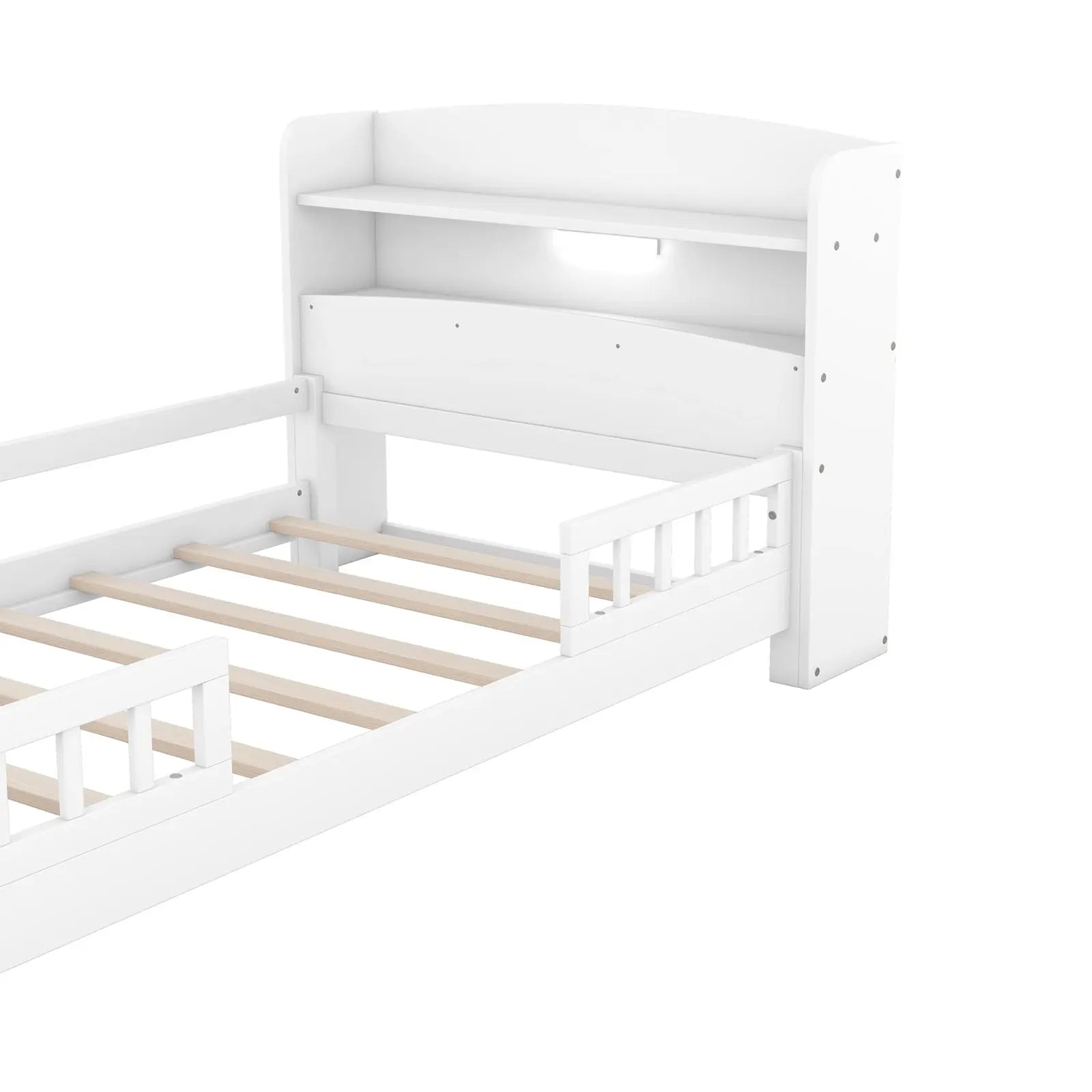 Twin Size Wood Platform Bed With LED, Storage Headboard & Guardrail, White My Store