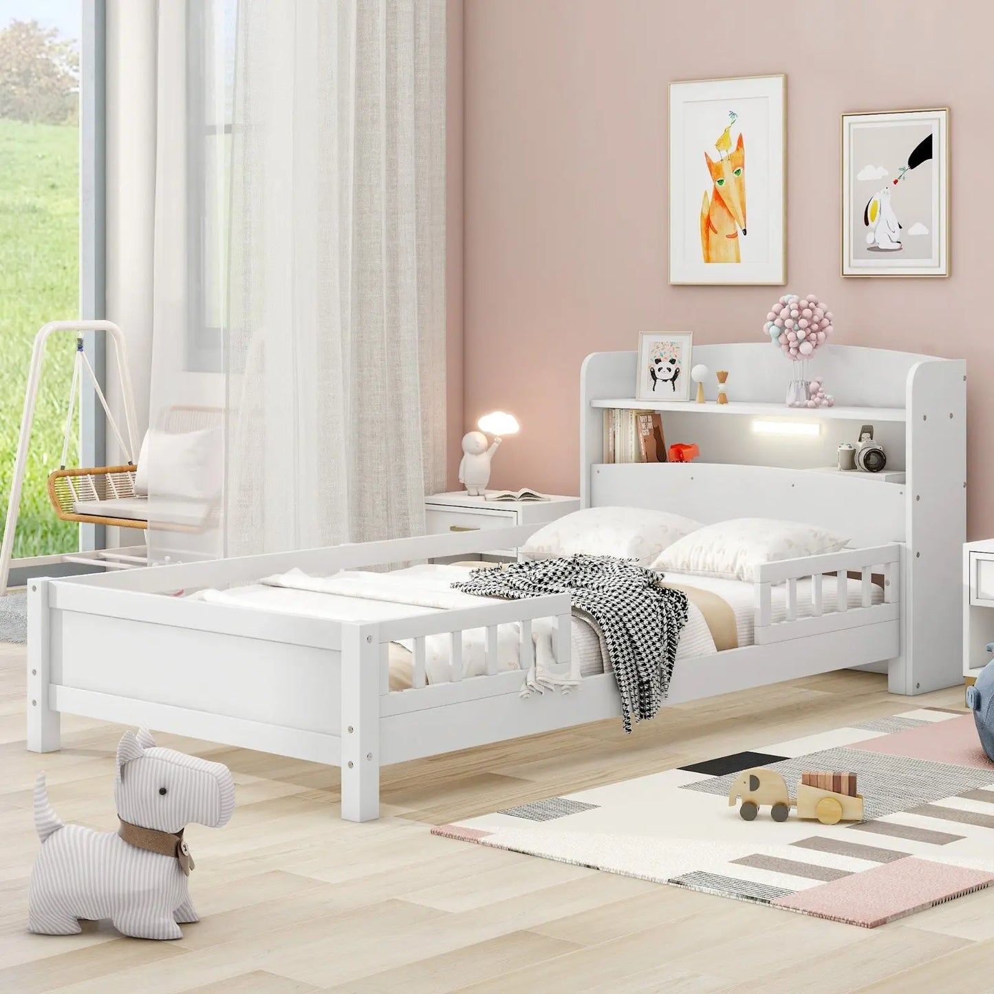 Twin Size Wood Platform Bed With LED, Storage Headboard & Guardrail, White My Store
