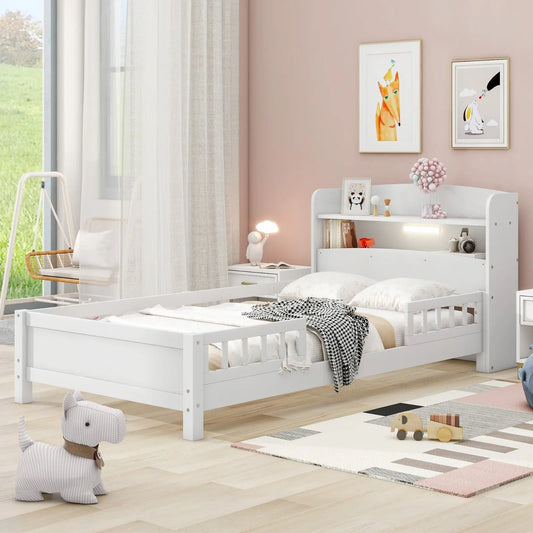 Twin Size Wood Platform Bed With LED, Storage Headboard & Guardrail, White My Store