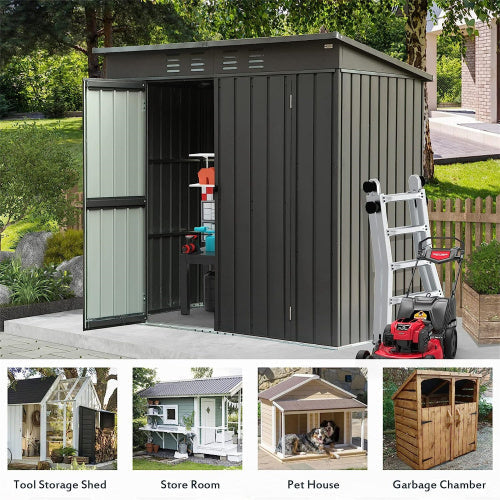 Shed With Sloping Roof Galvanized Steel Frame 6x4ft- Dark Gray Inkedjoy