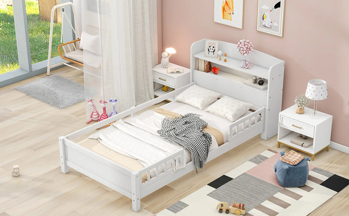 Twin Size Wood Platform Bed With LED, Storage Headboard & Guardrail, White My Store