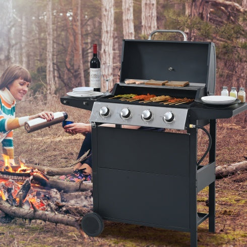 Propane Gas Grill 4 Burner Barbecue Grill With Two Shelves, Lid, Wheels And Bottle Opener Inkedjoy