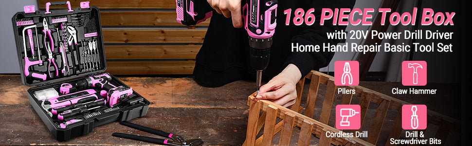 DEKO Pink Drill Tool Kit Set: 20V Cordless Power Drill Tool Box with Battery Electric Drill Driver Ohberri