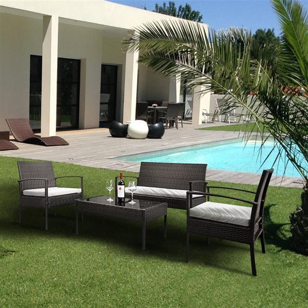 4pcs Armrests Fully Woven Brown Embossed 1 Double Seat 2 Single Seat 1 Tea Table Woven Rattan Sofa Inkedjoy