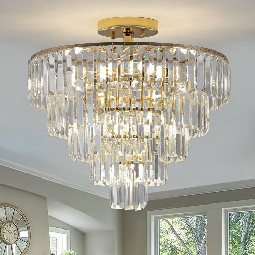 Golden Crystal Chandelier, 5-layer Round Semi-recessed Chandelier Lamp Inkedjoy