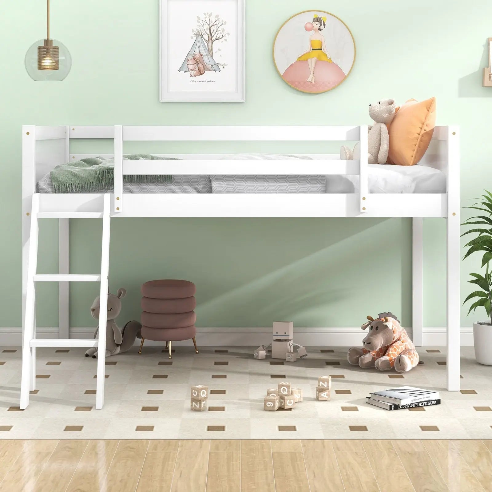 Twin Size Wood Low Loft Bed With Ladder, Ladder Can Be Placed On The Left Or Right, White My Store