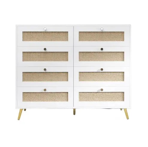 White Color 8 Drawers Chest With Rattan Drawer Face Golden Legs And Handles My Store