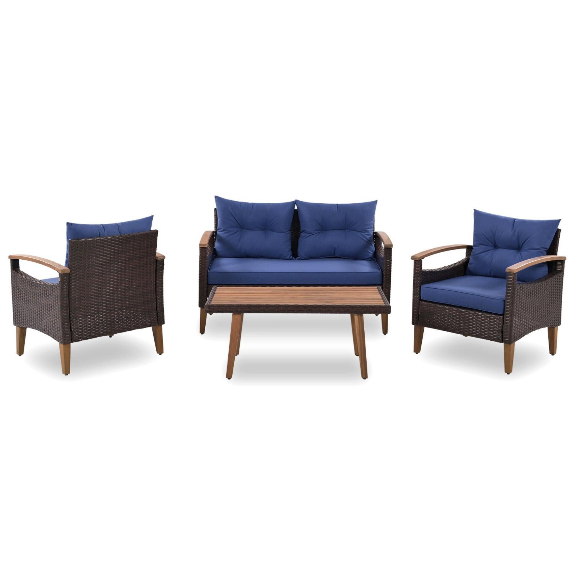 4-Piece Garden Furniture, Patio Seating Set, PE Rattan Outdoor Sofa Set, Wood Table And Legs, Brown And Blue Inkedjoy