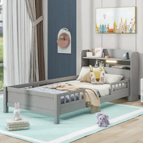 Wood Twin Size Platform Bed With Built-in LED Light, Storage Headboard And Guardrail, Antique Grey My Store