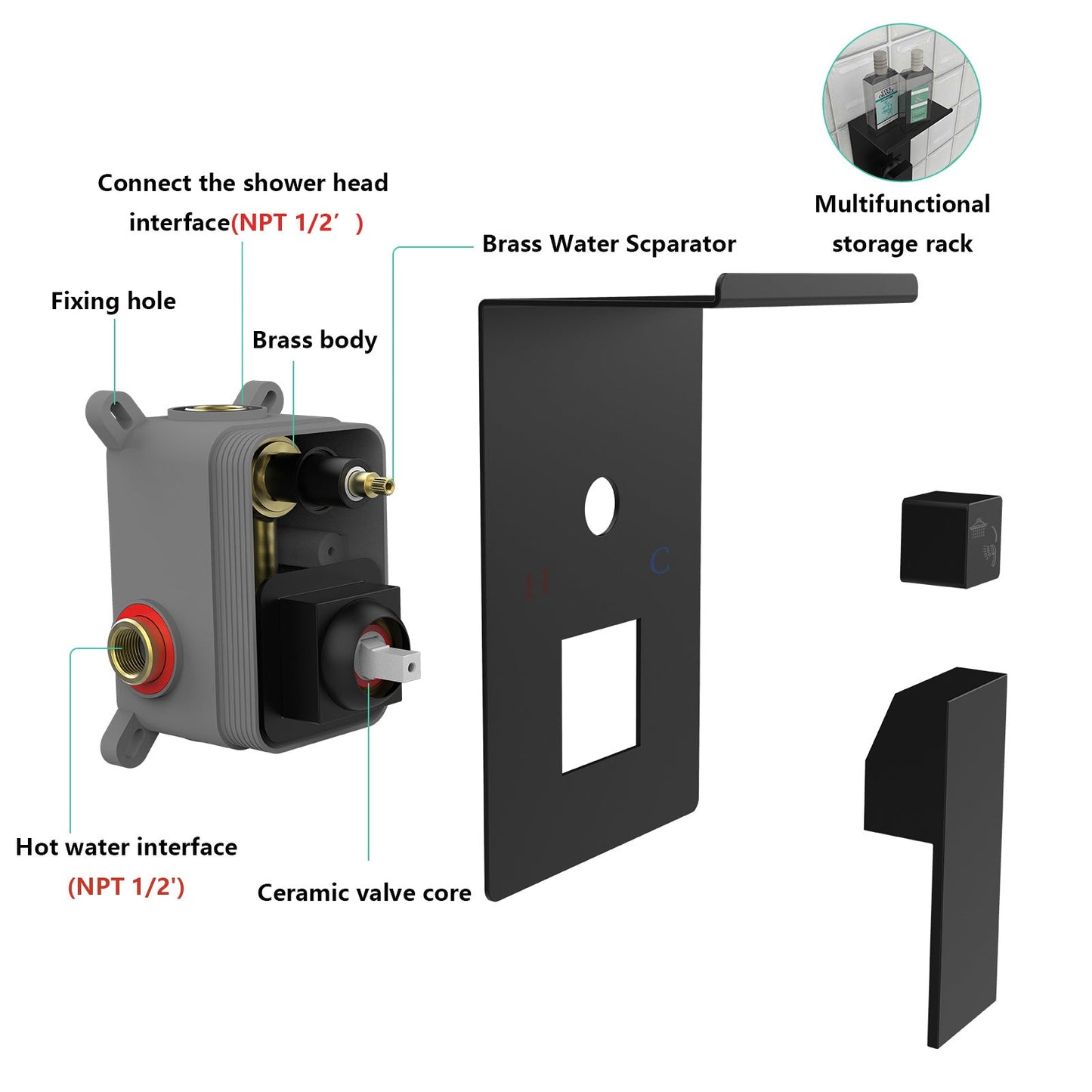 Rainfall Shower System With Storage Rack 10 Inch Shower Faucet Set Matte Black With High Pressure Inkedjoy