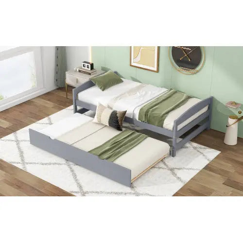 Twin Size Platform Bed With Twin Size Trundle, Gray My Store