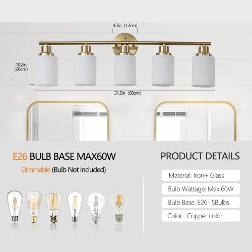 5 Lamps Gold Bathroom Vanity Lamp, Frosted Glass Shade, Modern Wall Mounted Lighting Inkedjoy