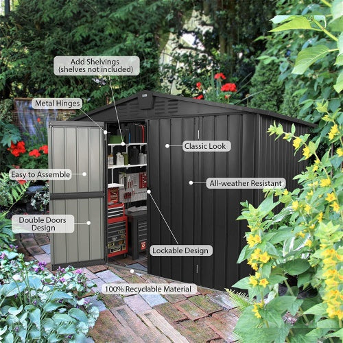 Outdoor Storage Shed 8.2'x 6.2', Metal Garden Shed - Dark Gray Inkedjoy
