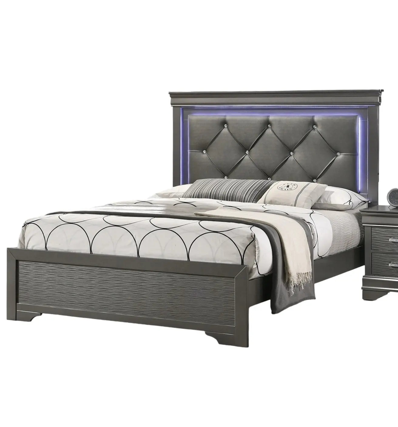 Dark Gray Faux Leather Tufted Headboard 1pc Queen Size Bed W LED Bedroom -Grey My Store