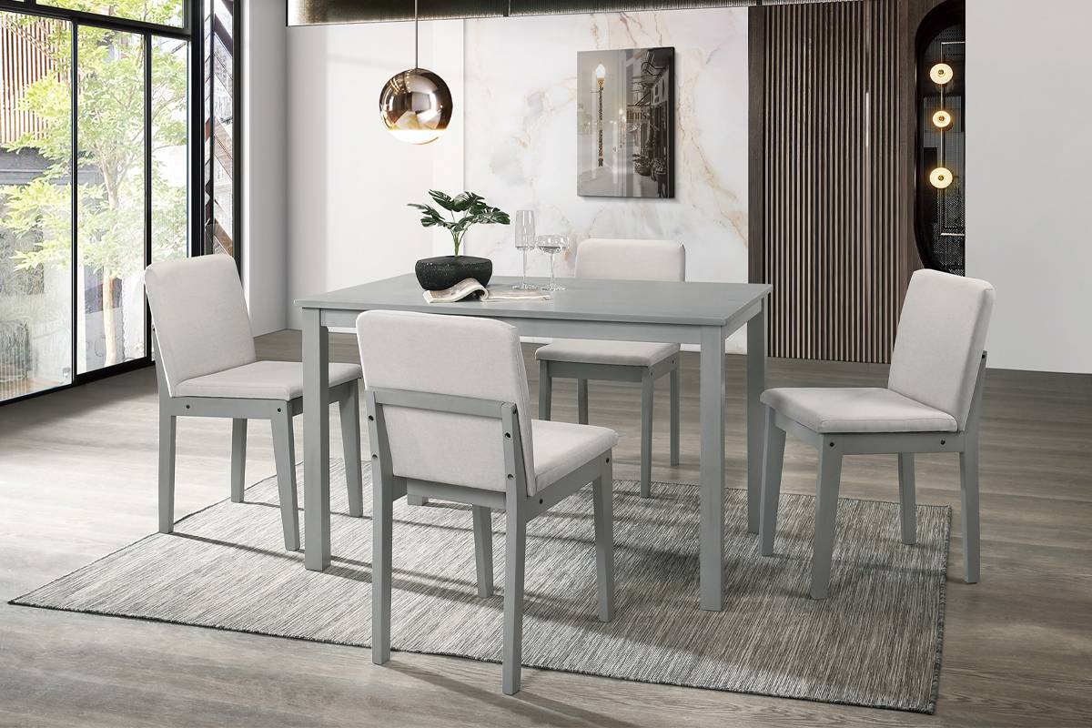 Grey Finish 5 Piece Dining Room Set Dining Table 4x Chairs Beige Fabric Chairs Inkedjoy