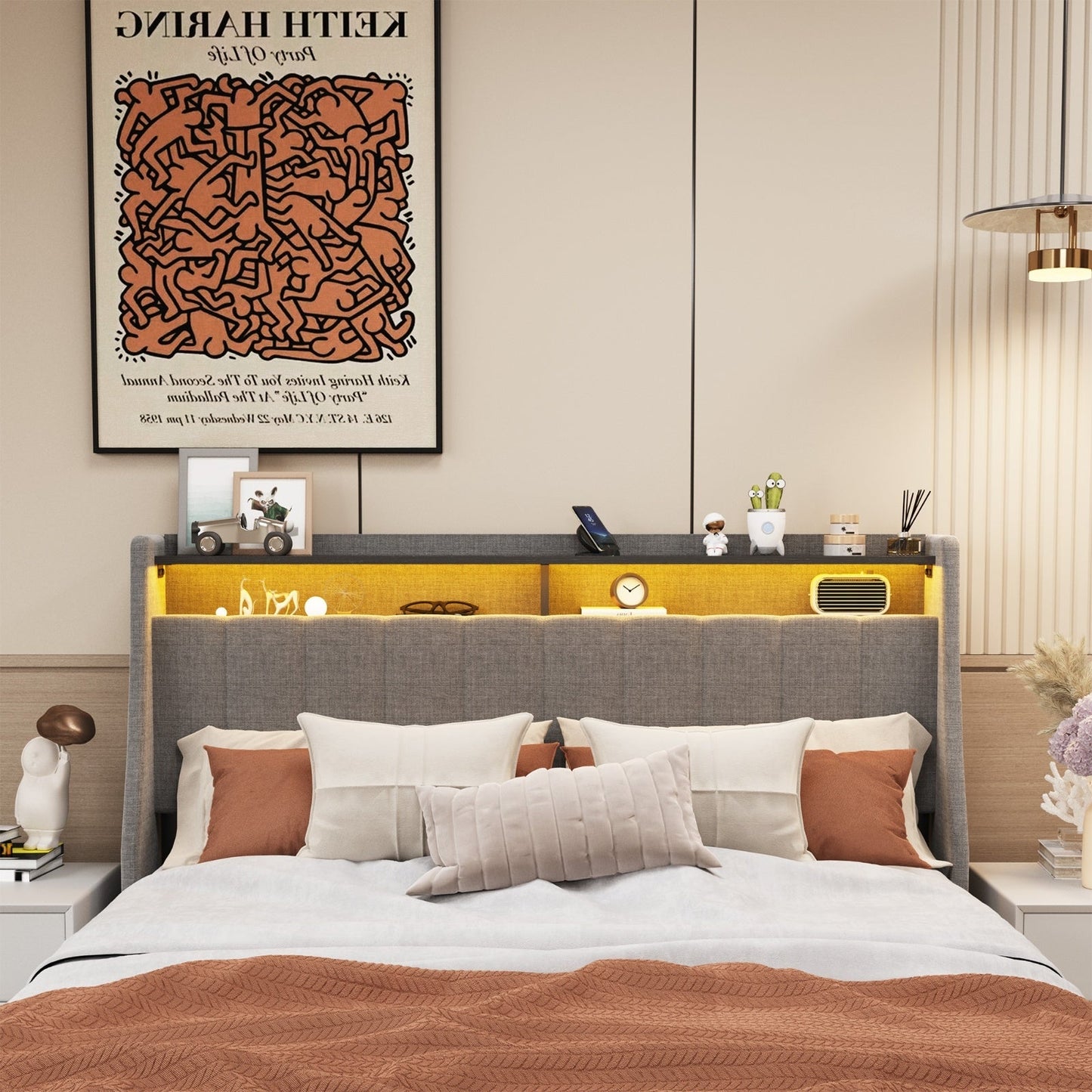 Queen Size Bed Frame With LED, Storage Drawers, Wings Headboard My Store