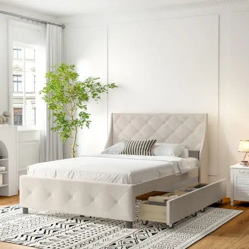 Queen Size Bed Frame With Storage Headboard, Metal Platform Bed My Store