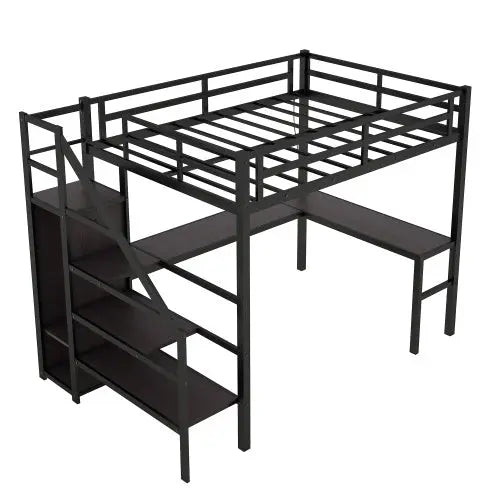 Twin XL Size Loft Bed With L-shaped Desk And USB, Metal -Black My Store